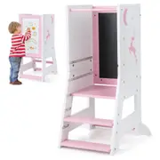 Babyjoy 2-in-1 Kids Kitchen Helper Adjustable Step Stool w/Whiteboard & Chalkboard Baby Standing Tower Pink