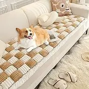 Triflice Fluffy Plaid Couch Cover for Pets Large Cream-Coloured Fuzzy Plaid Square Pet Mat Bed Couch Cover Protector Plaid Sofa Pad Bay Window Cushion Bedside Carpet (Khaki, 27.6 * 70.9in)