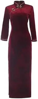 [ChangNanJun] Women's Velvet Long Cheongsam Dress Bamboo Leaf Patterned Mandarin Collar Traditional Chinese Qipao