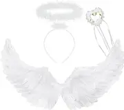 Angel Wings and Halo with Fairy Wand, 3pcs Lightweight Feather Angel Fairy Wings, Adjustable Girls Adult White Angel Costume for Carnival Themed Party Decoration Festivals Costume Cosplay (60CM)