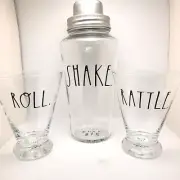 Rae Dunn Cocktail Barware Shaker Set Shake Rattle & Roll Shaker & 2 Glasses