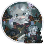 Pretty Girl and the Black Moor Goldfish Butterfly Round Beach Towel