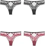 [Generic] Women's Lace Thongs T Back Low Waist See Through Panties Sexy V-Shape Design Lace 4 Pack
