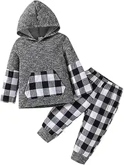 [WOLBAY] Toddler Baby Boy Clothes Fall Outfits Hoodie With Plaid Pants Set
