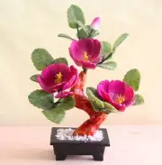 Chinese Purple Rose Flower Jade Bonsai Green Leaf Stone Plant Tree Feng Shui