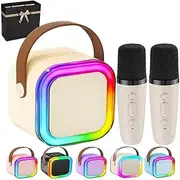Glistenwing Mini Karaoke, with 2 Wireless Microphones Five Voice Effects and Colorful Led Lights,Portable Wireless Karaoke Speaker,Outdoor Live Broadcast Home Karaoke (White)
