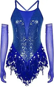 [Choomomo] Women Sparkly Sequins Fringe Latin Dance Dress Leotard with Gloves for Ballroom & Stage Performance