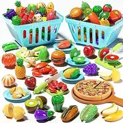 Cutting Play Food for Kids,105Pcs Pretend Play Kitchen Toys,Fake Food/Fruits/Vegetables Set,Play Kitchen Accessories with 2 Blaskets for Kids Boys Girls 3 4 5 6