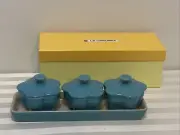 Le Creuset 3 Piece Mini Cocotte Flower Shaped Ramekins W/Lids Turquoise NIB