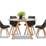 Milari 5 Piece Round Natural Ash Wood Dining Set With Replica Black Padded Eames Chairs