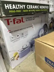 T-fal Excellence Ceramic Non Stick Cookware 10 piece Set Blue New