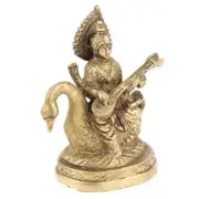 Antique Finish Brass Goddess Saraswati Idol Sitting On Swan Figurine Statue