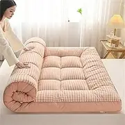 Japanese Floor Mattress,Thicken Futon Mattress, Sleeping Pad,Foldable Roll Up Mattress Dormitory Mattress Pad Floor Lounger Pillow Bed(Plaid Pink,180x200cm)