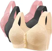 [Generic] 3-Pack Daisy Front Closure Bras for Older Women – No Underwire, Push-Up, Full Coverage Cotton Bras – Upgraded Breathable Comfort for Everyday Wear