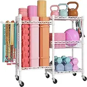FUTASSI Home Gym Storage, 3 Tiers Workout Equipment Organizer with Wheels for Yoga Mats, Foam Roller, Dumbbells, Kettlebells, and Resistance Bands
