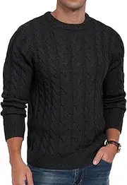 [Askdeer] Men's Crewneck Pullover Sweater Chunky Cable Knit Sweater Classic Casual Sweaters with Ribbing Edge