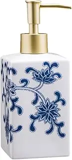 JHNIF Blue and White Porcelain Liquid Dispenser Lotion Bottle with Gold Pump, 14oz Ceramic Soap Dispenser for Bathroom