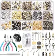 Swpeet 1470Pcs Jewelry Making Supplies Kit with Jewelry Making Tools, 3 Color Jewelry Pliers and Jewelry Wires, 40 Styles Jewelry Findings, Waxed Necklace Cord with Thimble Ring Awl Tweezers Scissors