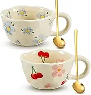 Vesici 2 Pcs Ceramic Coffee Mugs Flower Mugs with Spoon Vintage Floral Mugs with Handle 8.5 oz Cute Aesthetic Tea Porcelain Cup Dishwasher and Microwave Safe(Lovely)
