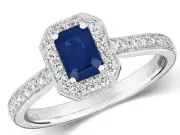 Real Sapphire and Diamond Ring 18ct White Octagon Cluster