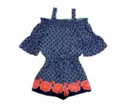 My Michelle Girls Romper Cold Shoulder Blue Patterned Elastic Waist Tie Belt L