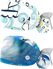 [WOSHJIUK] Working Hat 2 Pack Scrub Caps for Women,sea Waves Painted Ships,Tie Back Cap Adjustable Scrub Hat