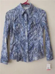 NWT Tommy Hilfiger Blue Paisley Ruched Sides Button Up Shirt XS/XP
