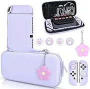 DLseego Purple Switch OLED Case Set Carrying Case with 10 Slots Babyblue Protective Dockable Hard Shell with 4PCS Cute Cat Paw Thumb Grips Caps and 1PC Flower Blossom Chain for Switch 2021 Version