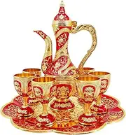 Vintage Turkish Coffee Pot and Cups Set,Tea Service Set Including Teapot,Tea Tray and Metal Cups for Wine Cabinet Decor,Wedding Ornaments (Gold and Red)