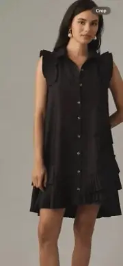 NWT ANTHROPOLOGIE PLEATED SLEEVELESS BUTTON FRONT MINI SHIRT DRESS BlACK XS