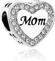 [SBI Jewelry] Heart Mum Charm for Bracelet Silver Clear CZ Birthstone Women Girls Wife Anniversary Birthday Mothers Day Compatible with Pandora Charm Bracelet, Leather Cubic Zirconia Silver Copper, No
