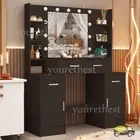 110 cm Black Dressing Table Makeup Vanity Desk With LED Lights Mirror 8 Shelves