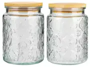 Set of 2 Patterned Clear Glass Jars w/ Wood Lids (23.5oz/jar) Apothecary Storage