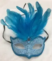 Blue Glitter Face Eye Mask with Feathers Fancy Dress Venetian Masquerade Ball
