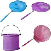 HEALSOPTHY 4pcs Extendable Mesh Cage Nets Stainless Steel Telescopic Insect Fish Catching Nets with Non Slip Handle Includes Purple Bucket for Outdoor Bug Catching Activities