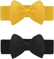 [Allegra K] Women's 2Pcs Bowknot Elastic Belts, 2.4" Width Elegant Cute Stretchy Cinch Waistband for Dress Wedding Black+Yellow Fit Waist:24-32 inches