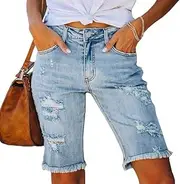 [YUCACIILA] Women Bermuda Denim Shorts Mid Waist Stretchy Five Points Jean Shorts