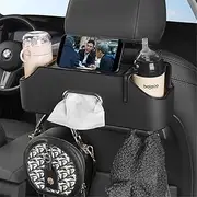 Raksonic Car Back Seat Organizer Multifunctional Car Seat Storage Box With Tissue Box and Cup Holder Scratch-Resistant Hanging Storage Box with Hook Car Storage Box（Black）