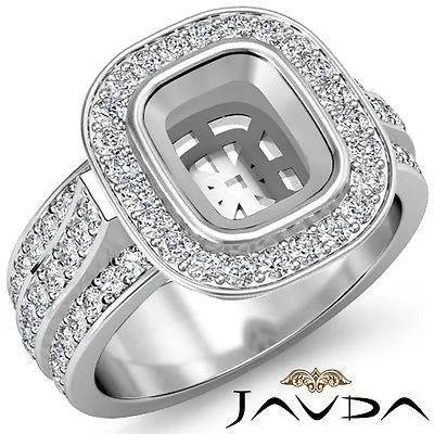 Halo Pave Set Diamond Engagement Cushion Semi Mount Huge Ring 1.65Ct 14k W Gold