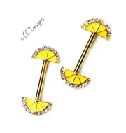 14g Gold IP White Sparkle Cz Yellow Enamel Lemon Fruit nipple rings J83