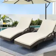 1 Set of 2 Gardeon Sun Lounge Wicker Lounger Outdoor Furniture Beach Chair Adjustable Cushion Grey&Beige