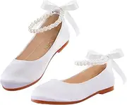 [MEJORMEN] Girls Dress Shoes Toddler Mary Jane Ballet Flats Princess Lace-Up Pearl Ankle Strap Dress Shoes for Flower Girls Wedding Party School