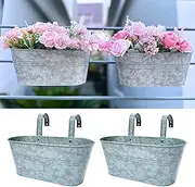 LaLaGreen Outdoor Plants Rail Planter (4 Pack, 16 Inch) Silver Metal Iron Hanging Flower Pot Deck Railings Fence Bucket Modern Boho Style Wall Mount Window Box Plant Wall Hanger Hooks Porch Home Decor