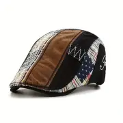 Collrown British Style Men's Beret Cap with Stitching Plaid Pattern Vintage Peaked Cap for Autumn Winter Mens Flat Hat N