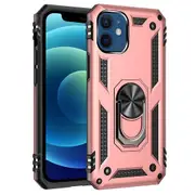 For Apple iPhone 12 Case, Military Grade 360 Degree Rotating Metal Magnetic Ring Car Mount Holder Kickstand Shockproof Heavy Duty Cover (Rose Gold)