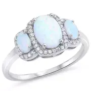 Lab Created White Opal Oval Three Stone Halo CZ .925 Sterling Silver Ring