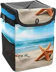 Car Trash Can with Lid and Storage Pockets Leak-Proof Organizer,Waterproof Garbage Can,Beach Seaside Starfish Ocean