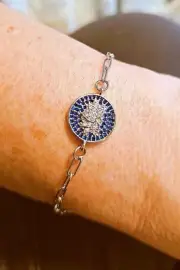 Blue CZ Lotus Charm Bracelet Steel Adjustable Paperclip Chain Free Shipping