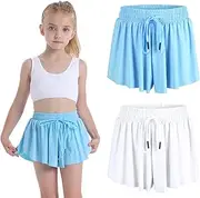 [FreeNFond] 2PCS Girls Flowy Butterfly Shorts 2 in 1 Youth Cute Athletic Shorts with Pockets for Fitness Running Sports Dance