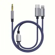 2in1 Aux Cable USB C & Lightning to 3.5mm Jack Audio Adapter Compatible with iPhone iPad Samsung Google Xiaomi Huawei - Blue